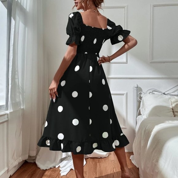 Black Boho Womens Polka Dot Print Puff Sleeve Shirred Ruffle Hem Dress - Picture 2 of 5